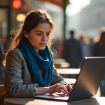 Professional woman at a café table with a privacy screen on her laptop, surrounded by a busy city crowd, focusing on maintaining data security while working outdoors.