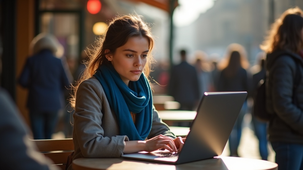 Professional woman at a café table with a privacy screen on her laptop, surrounded by a busy city crowd, focusing on maintaining data security while working outdoors.
