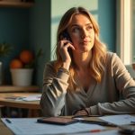 A remote worker sits at a home desk, headset in hand, contemplating a busy schedule as sunlight streams in, reflecting thoughtful time management.