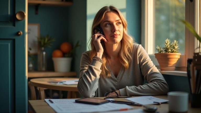A remote worker sits at a home desk, headset in hand, contemplating a busy schedule as sunlight streams in, reflecting thoughtful time management.