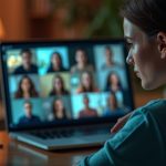 A young woman joins a diverse video call from a warmly lit home office, her thoughtful expression highlighted as she prepares to share feedback with colleagues online.