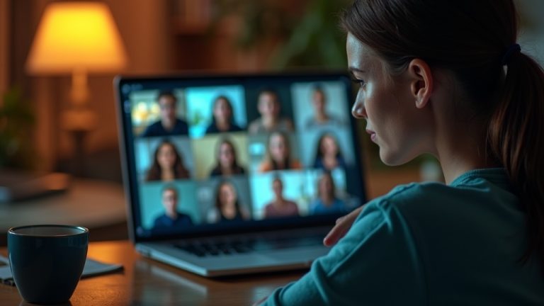 A young woman joins a diverse video call from a warmly lit home office, her thoughtful expression highlighted as she prepares to share feedback with colleagues online.