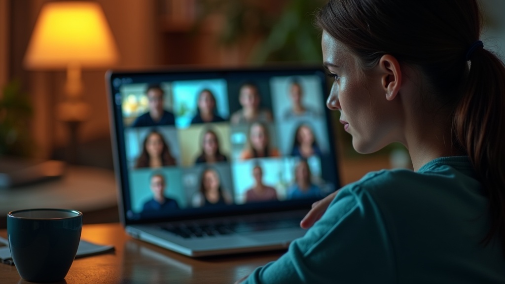 A young woman joins a diverse video call from a warmly lit home office, her thoughtful expression highlighted as she prepares to share feedback with colleagues online.