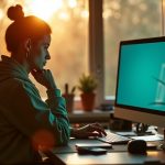Remote worker in a home office, chin resting on hand and typing with a distant gaze, surrounded by morning light and work clutter, reflecting early signs of burnout.