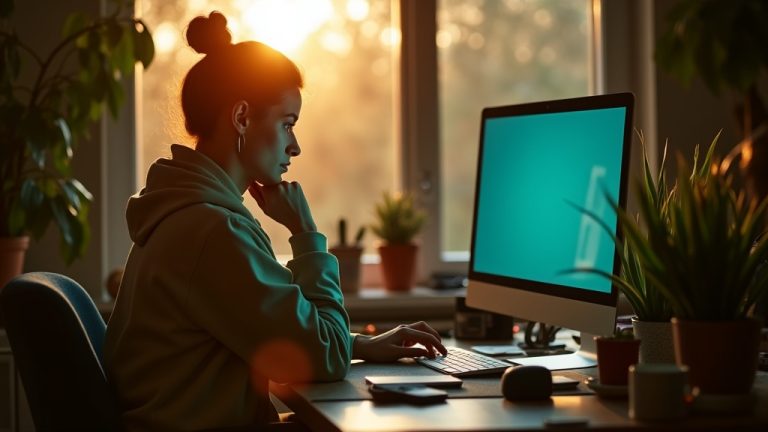 Remote worker in a home office, chin resting on hand and typing with a distant gaze, surrounded by morning light and work clutter, reflecting early signs of burnout.