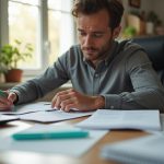 A frustrated person at a sunlit home desk switching between a notepad and a laptop, surrounded by scattered papers and personal items.
