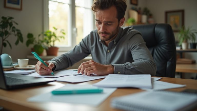 A frustrated person at a sunlit home desk switching between a notepad and a laptop, surrounded by scattered papers and personal items.