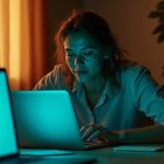 A young professional focused at a home workspace, surrounded by multiple glowing digital devices, choosing between remote desktop tools in a warm, sunlit setting.
