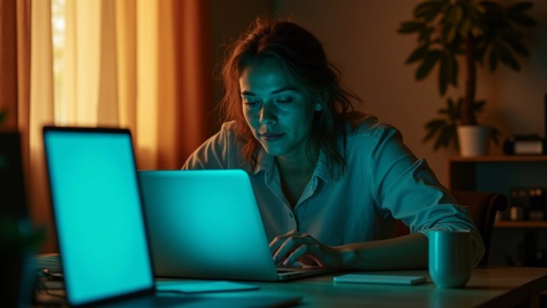 A young professional focused at a home workspace, surrounded by multiple glowing digital devices, choosing between remote desktop tools in a warm, sunlit setting.