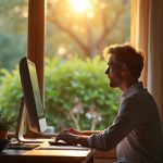 A person in a home office looks thoughtfully out a sunlit window, surrounded by both work and personal items, embodying the struggle for balance while working remotely.