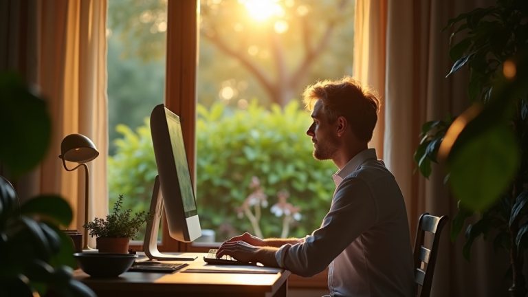A person in a home office looks thoughtfully out a sunlit window, surrounded by both work and personal items, embodying the struggle for balance while working remotely.