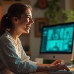 A young adult laughing during a video call at a personal workspace, surrounded by warm natural light and blurred screens of teammates, capturing the warmth and engagement of virtual team bonding.
