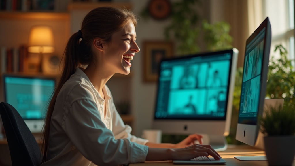 A young adult laughing during a video call at a personal workspace, surrounded by warm natural light and blurred screens of teammates, capturing the warmth and engagement of virtual team bonding.