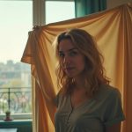 Person creating a private nook with fabric for a video call in a small, sunlit living area, surrounded by cozy details and lived-in touches