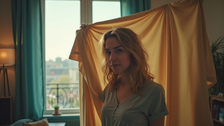 Person creating a private nook with fabric for a video call in a small, sunlit living area, surrounded by cozy details and lived-in touches