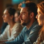 Remote team members in a cozy, warmly lit virtual meeting, engaging naturally through a reflective window with visible expressions of focus and curiosity.