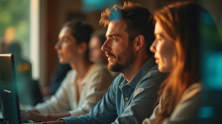 Remote team members in a cozy, warmly lit virtual meeting, engaging naturally through a reflective window with visible expressions of focus and curiosity.
