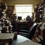 A cluttered home office with stacks of papers, uneven furniture, and an empty chair highlighting the challenges of makeshift remote work setups.