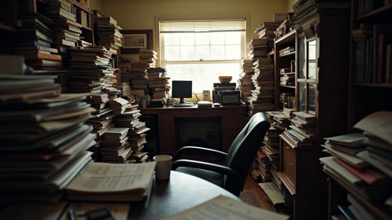 A cluttered home office with stacks of papers, uneven furniture, and an empty chair highlighting the challenges of makeshift remote work setups.