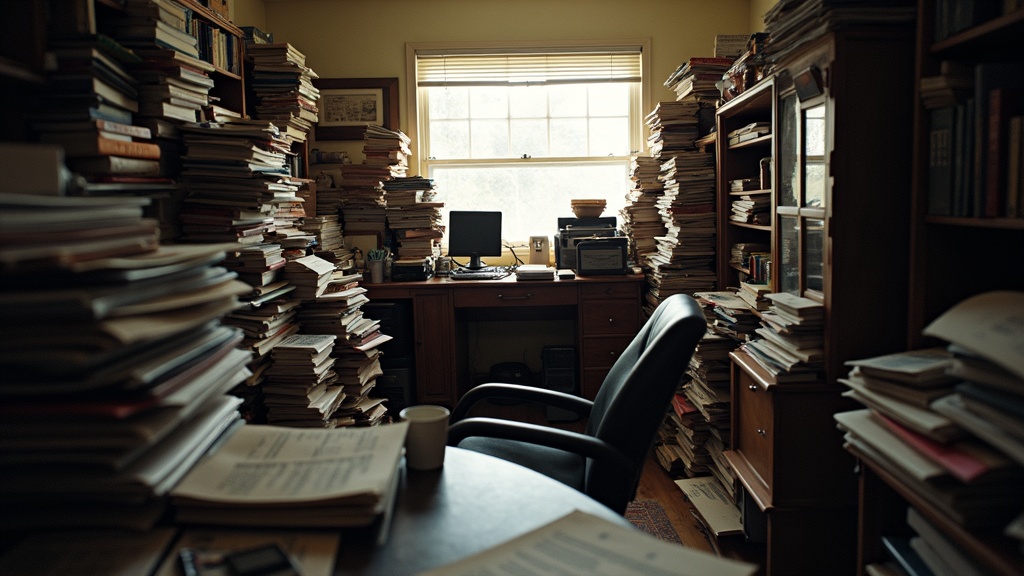 A cluttered home office with stacks of papers, uneven furniture, and an empty chair highlighting the challenges of makeshift remote work setups.
