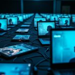 Rows of laptop screens with overlapping video calls, tangled cables, and blurred figures highlighting the overwhelming and chaotic nature of remote meetings.