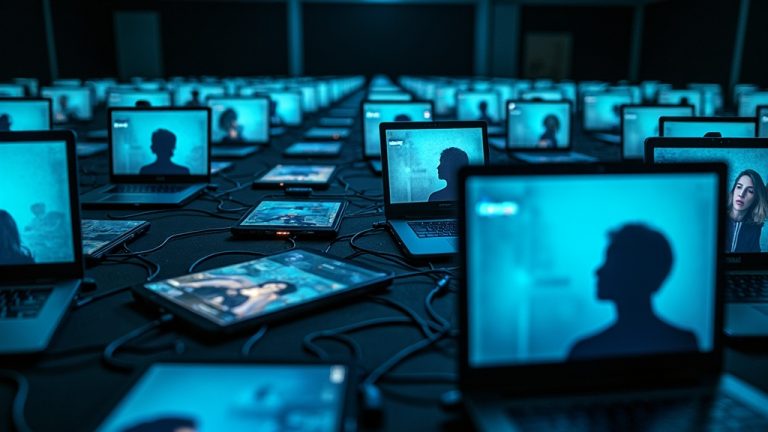Rows of laptop screens with overlapping video calls, tangled cables, and blurred figures highlighting the overwhelming and chaotic nature of remote meetings.