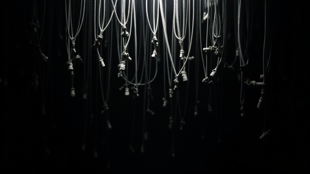 Tangled cables suspended in shadowy light, symbolizing the complexity of remote file security without IT guidance