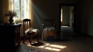 A softly lit, empty room with an unattended chair and scattered personal items, evoking subtle themes of absence and presence in remote work.