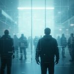 Fragmented digital landscape with overlapping interfaces and obscured figures, reflecting uncertainty in remote team presence.