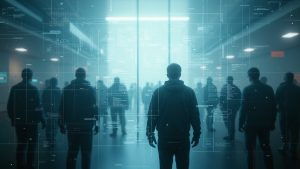 Fragmented digital landscape with overlapping interfaces and obscured figures, reflecting uncertainty in remote team presence.