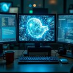 A digitally cluttered home office with overlapping screens, scattered office supplies, and uneven lighting reflecting the complexity of remote work challenges