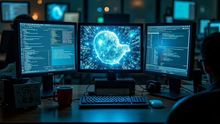 A digitally cluttered home office with overlapping screens, scattered office supplies, and uneven lighting reflecting the complexity of remote work challenges
