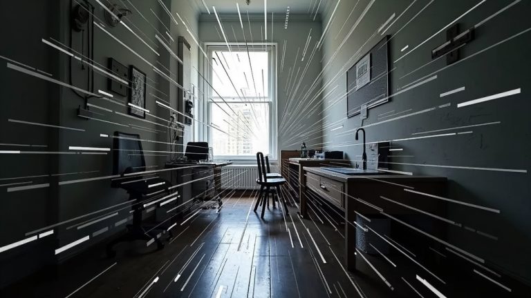 A cramped, digitally distorted office room with chaotic pixelated lines and blurred boundaries, evoking the overwhelm of constant virtual meetings.