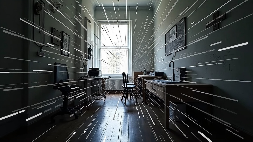A cramped, digitally distorted office room with chaotic pixelated lines and blurred boundaries, evoking the overwhelm of constant virtual meetings.