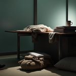 A layered home office showing a blend of order and disorder, with work materials overlapping household items, reflecting the blurred boundaries of remote work.