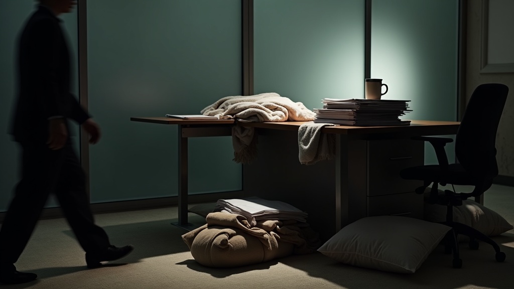 A layered home office showing a blend of order and disorder, with work materials overlapping household items, reflecting the blurred boundaries of remote work.