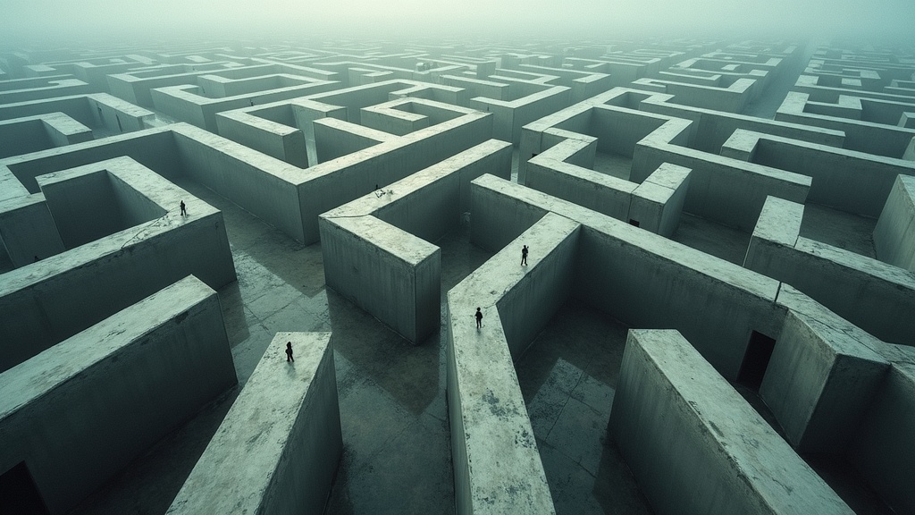 A maze-like network of hallways with intersecting paths and subtle human outlines, evoking the complex and uncertain start of a remote workday.