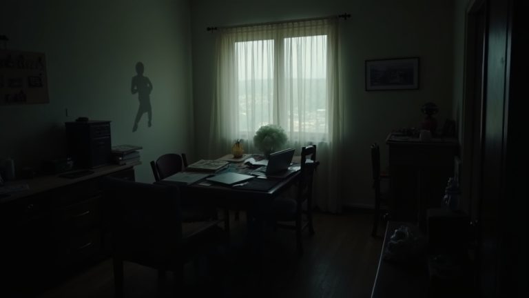 A cluttered and dimly lit remote workspace blending with personal space, illustrating blurred boundaries and hidden warning signs of overwork.
