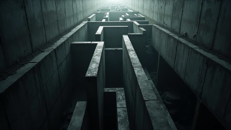 Shadowy maze of concrete corridors and layered passageways suggests the complexity of choosing straightforward file sharing tools for remote work.