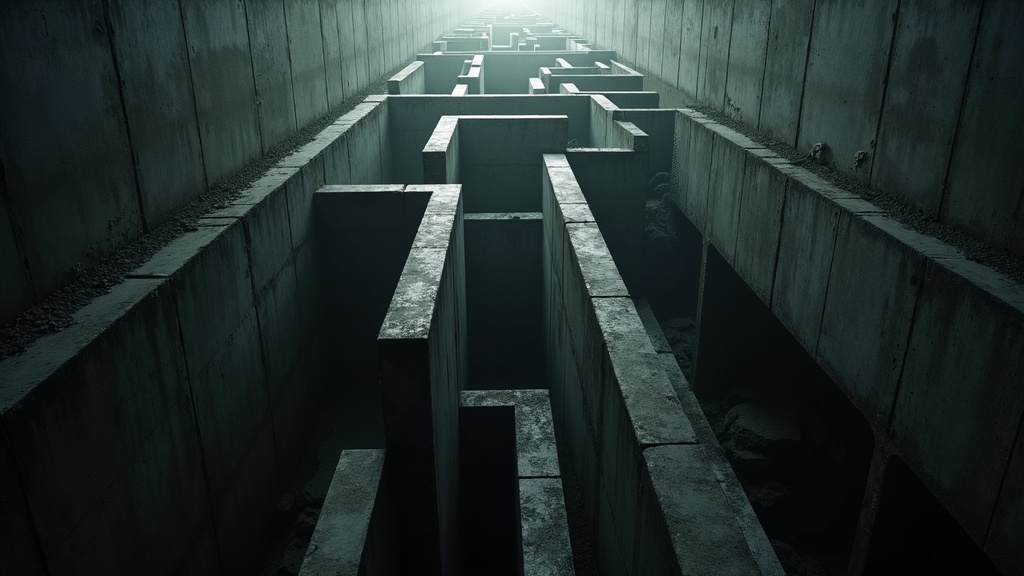 Shadowy maze of concrete corridors and layered passageways suggests the complexity of choosing straightforward file sharing tools for remote work.