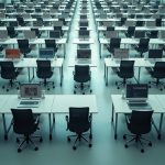 A precise office grid of identical laptops and desks disrupted by misaligned and pixelated sections, symbolizing unexpected remote work tech issues.