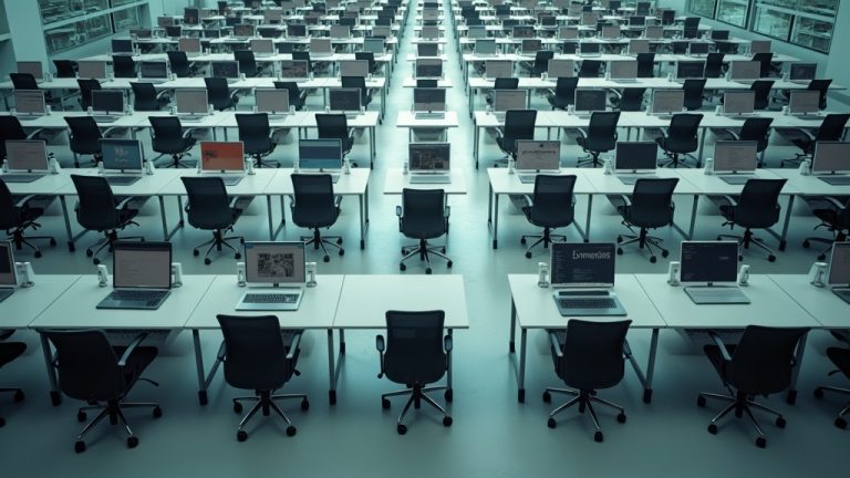A precise office grid of identical laptops and desks disrupted by misaligned and pixelated sections, symbolizing unexpected remote work tech issues.
