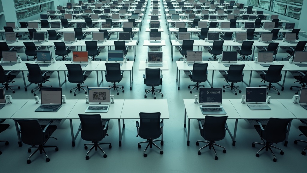 A precise office grid of identical laptops and desks disrupted by misaligned and pixelated sections, symbolizing unexpected remote work tech issues.