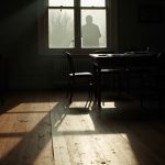 Dimly lit meeting space with overlapping shadows, scattered papers, and fragmented sunlight highlighting the sense of distance and disconnection in remote teamwork.
