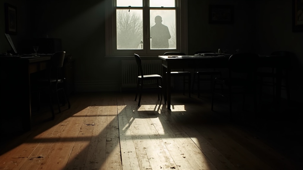 Dimly lit meeting space with overlapping shadows, scattered papers, and fragmented sunlight highlighting the sense of distance and disconnection in remote teamwork.