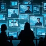 Overlapping digital meeting screens with glitch effects and fragmented, barely visible participants illustrating the chaos of excessive virtual calls.