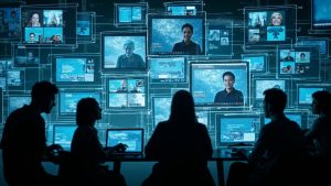 Overlapping digital meeting screens with glitch effects and fragmented, barely visible participants illustrating the chaos of excessive virtual calls.