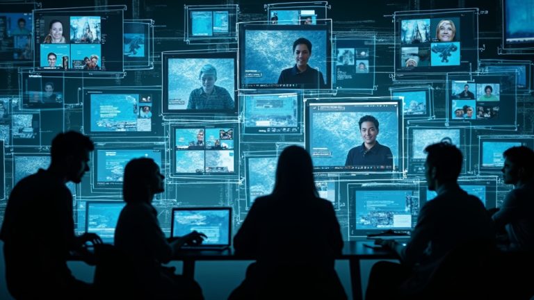 Overlapping digital meeting screens with glitch effects and fragmented, barely visible participants illustrating the chaos of excessive virtual calls.