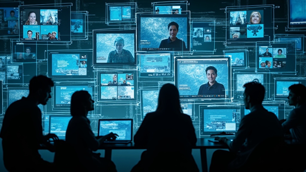 Overlapping digital meeting screens with glitch effects and fragmented, barely visible participants illustrating the chaos of excessive virtual calls.