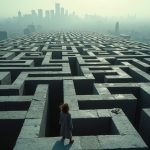 A complex, twisting maze symbolizing the uncertainty new remote hires face, highlighted by scattered personal traces and incomplete cityscape elements.